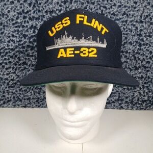 Vintage USS Flint AE-32 Navy Blue Snapback Hat Military Made in USA